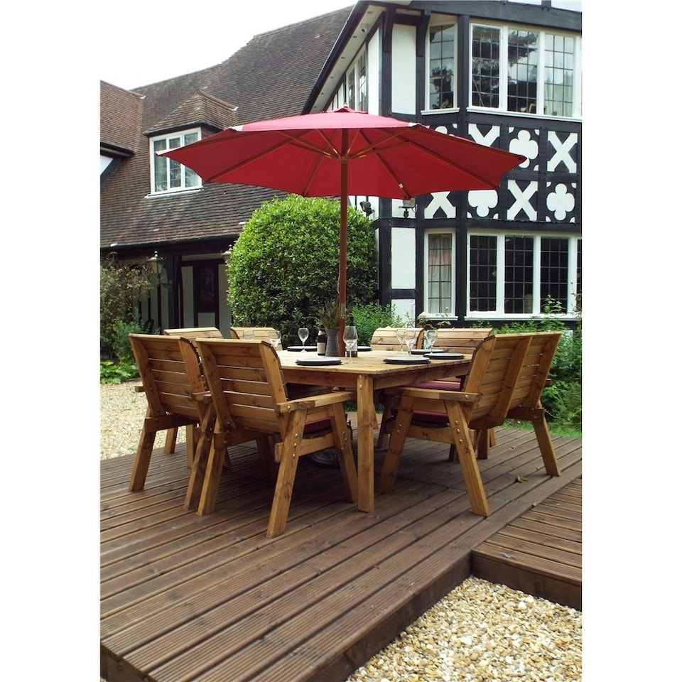 image 1 of Traditional Eight Seater Table Set with 6 x Chair Cushion, 1 x Bench Cushion, 1 x Burgundy Parasol & Base & Cushion Storage Bag