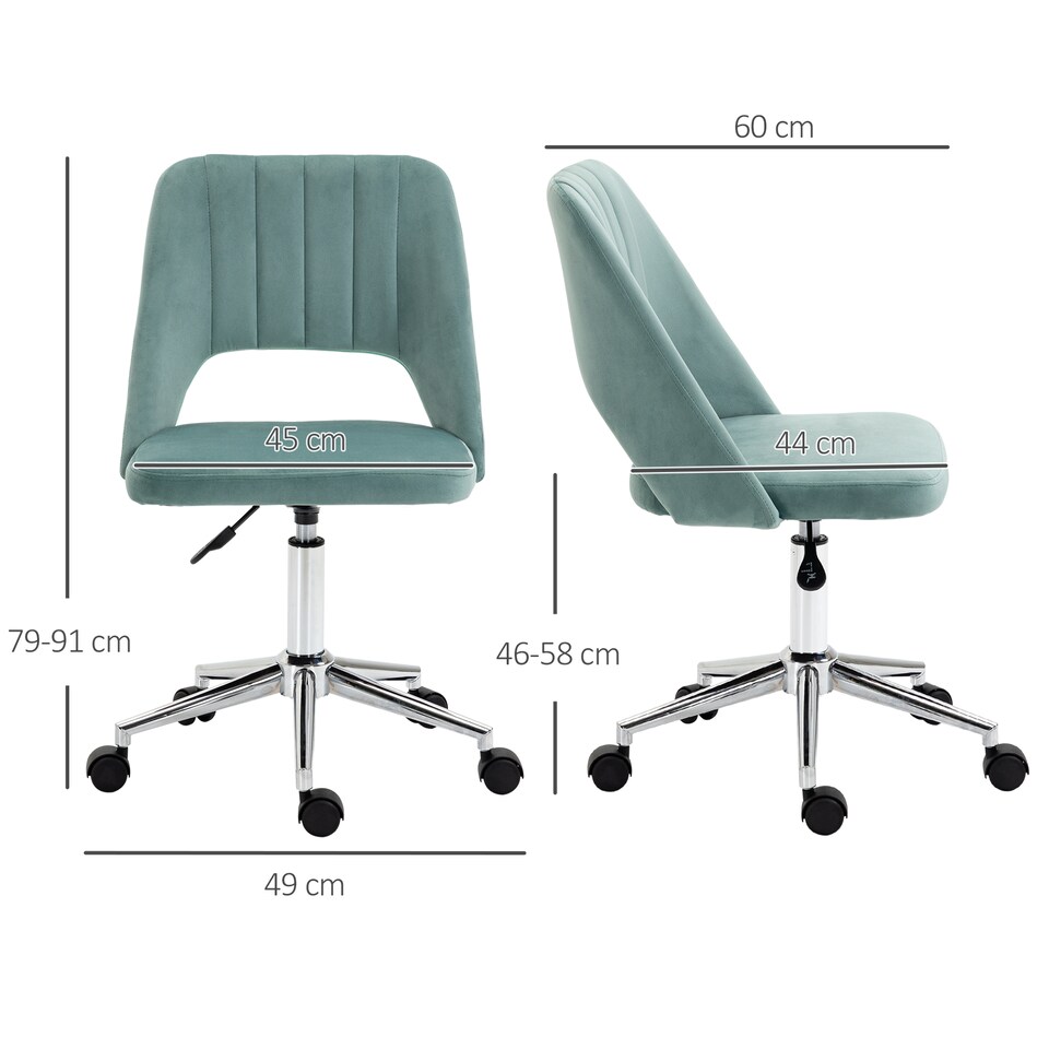 image 1 of Vinsetto Modern Office Chair, Velvet-feel Fabric Desk Chair with Wheels, Comfy Armless Swivel Vanity Chair for Makeup, Nail Tech, Bedroom, Green