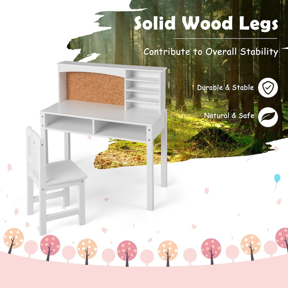 image 1 of COSTWAY Kids Desk and Chair Set Writing Table Set Wooden Children Study Table & Chair