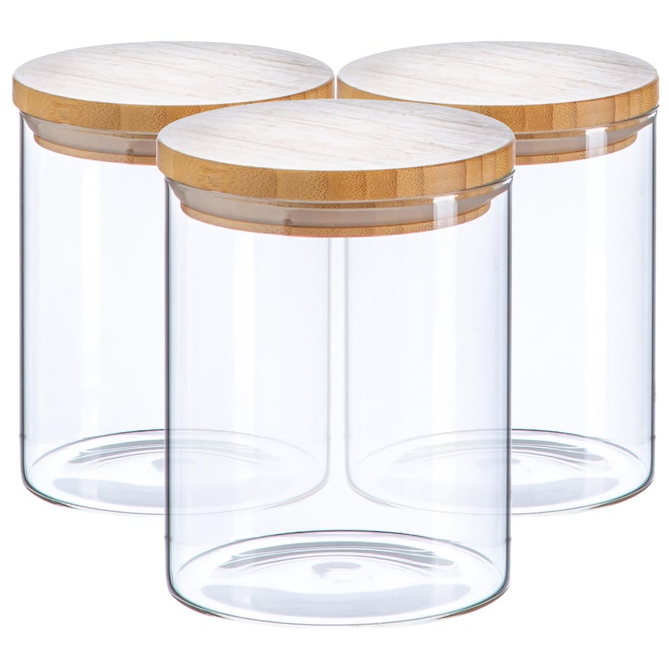 image 1 of Argon Tableware Glass Storage Jars - Wooden Lid - 750ml - Modern Round Scandi Organisation Container Glass Jar - Set of 3