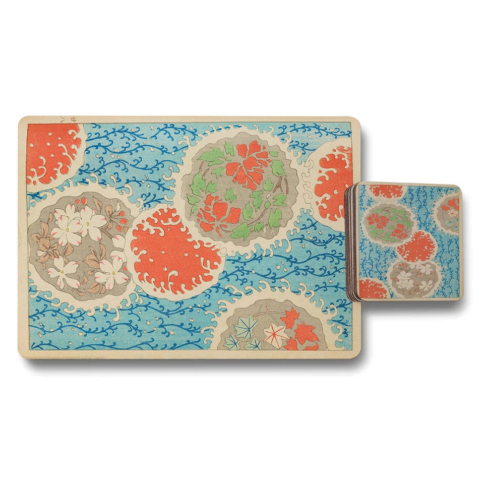 image 1 of Set Of 12 Placemats And Coasters With Designer Artwork And Wood Bottom