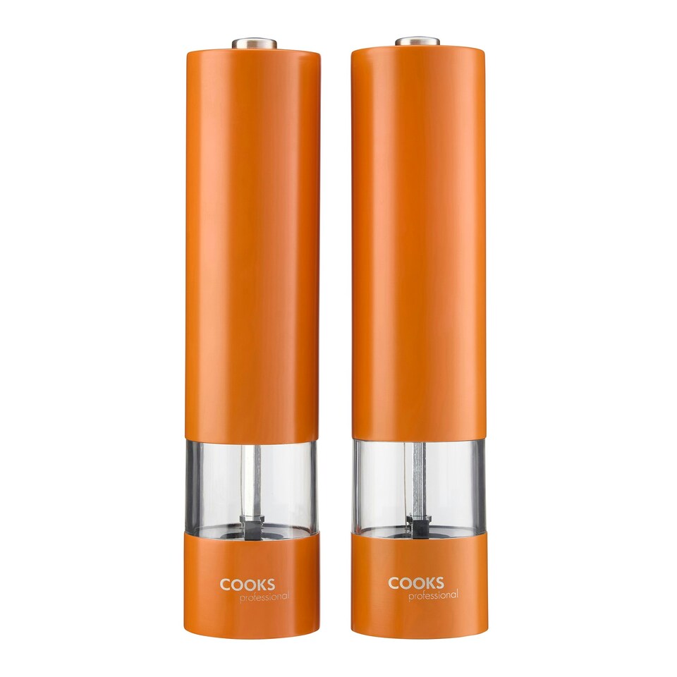 image 1 of Cooks Professional Electric Salt & Pepper Mill Set | Adjustable Grind Settings | Simple One-Button Operation | Orange