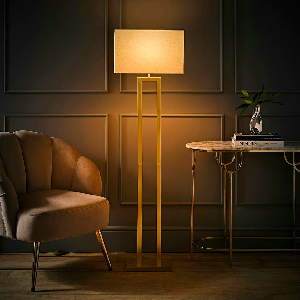 image 1 of ValueLights Gloria Gold Double Stem Metal Floor Lamp with Rectangular Lamp Shade Gold