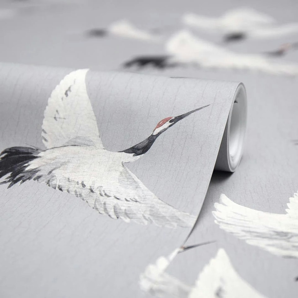 image 1 of Soaring Cranes Wallpaper in Grey Multi