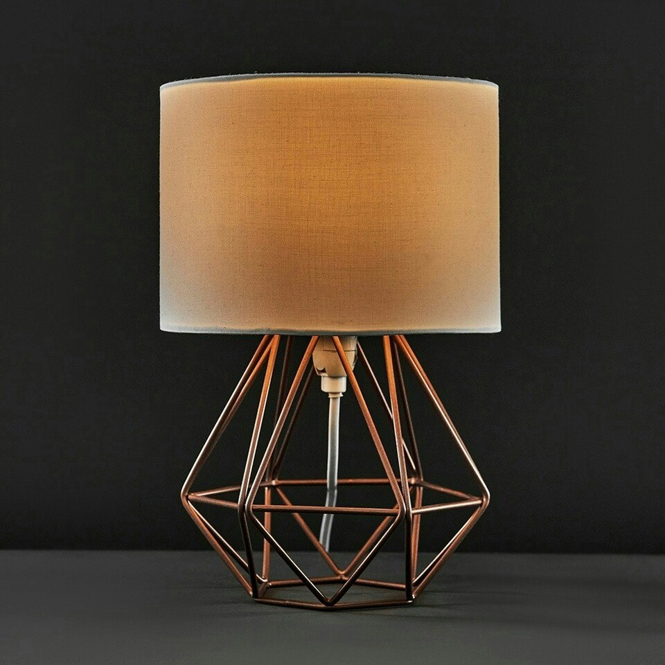 image 1 of ValueLights Pair of Small Copper Metal Basket Cage Table Lamps with a White Fabric Shade - Complete with 4w LED Golfball Bulbs 3000K Warm White White