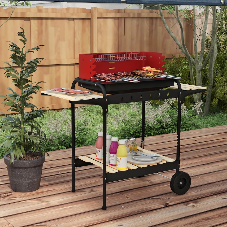 image 1 of Outsunny Charcoal Barbecue BBQ Grill Trolley 5-level Grill Height Ash Catcher