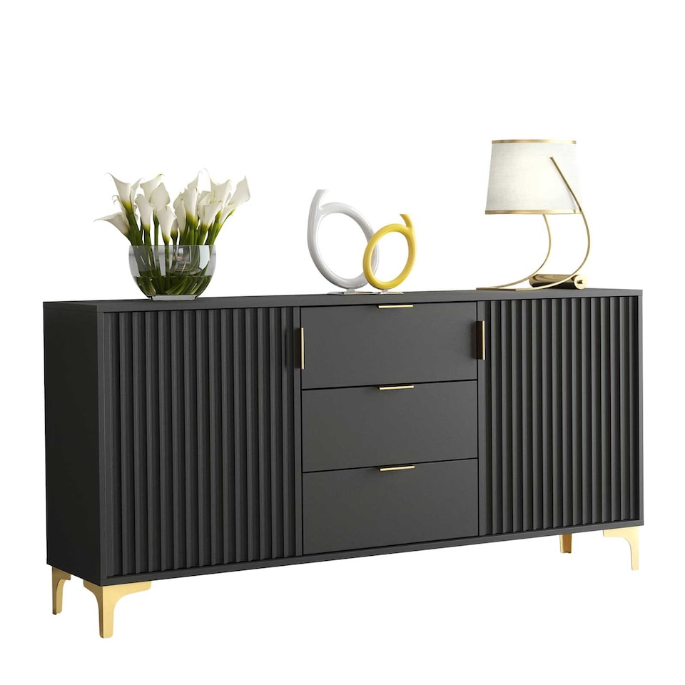 image 1 of Sideboard Cabinet Storage Cupboard Drawers Black Grooved Doors Loft Retro Industrial Living Dining Room Hallway Furniture 140cm