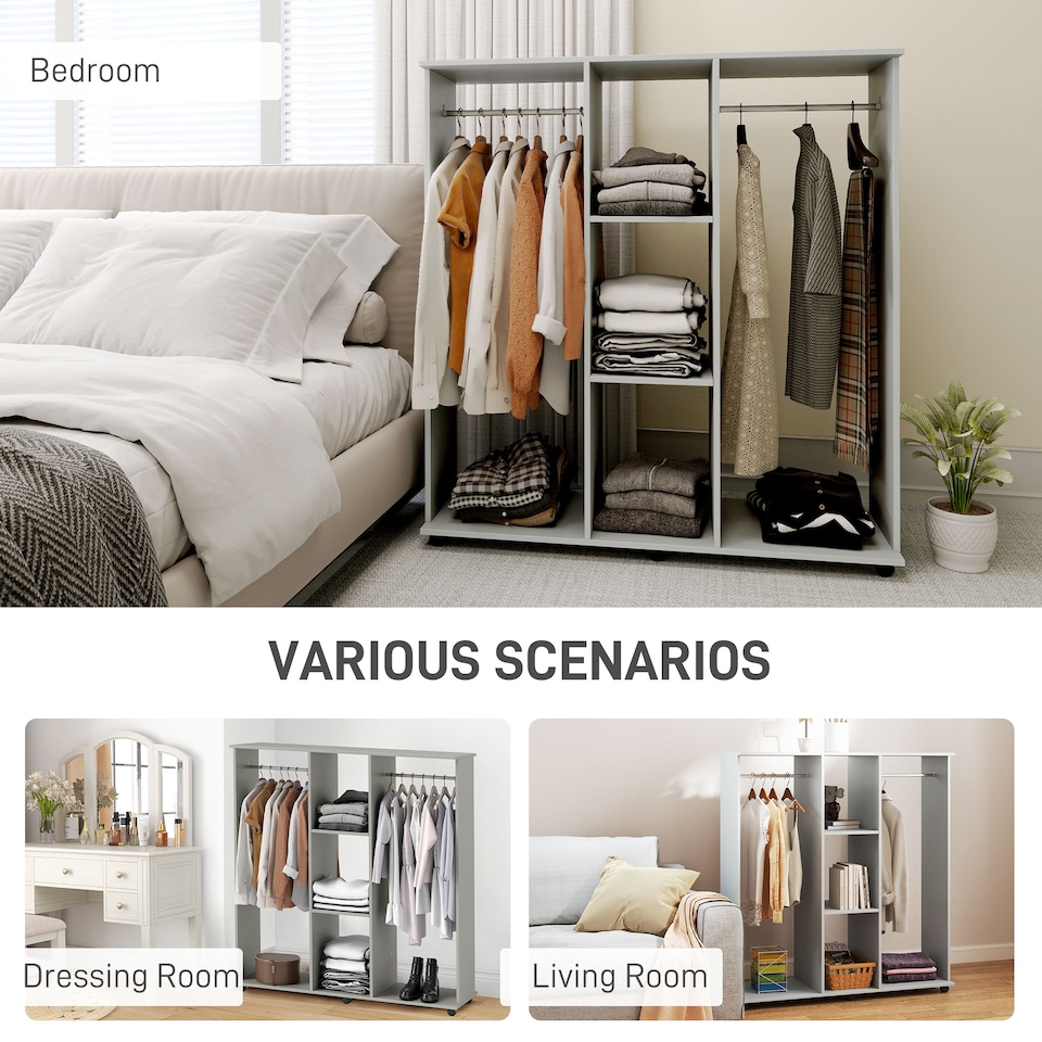 image 1 of HOMCOM Double Open Wardrobe on Wheels, Bedroom Wardrobe with Clothes Hanging Rails, 3 Storage Shelves, Mobile Garment Rack for Cloakroom, Hallway, Grey
