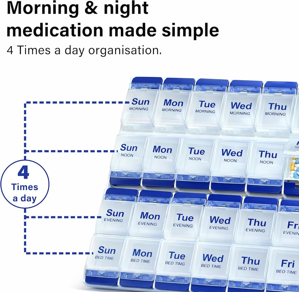 image 1 of 7 Day Pill Organizer Push Button Box Large Compartments Compact Spill-Proof Home