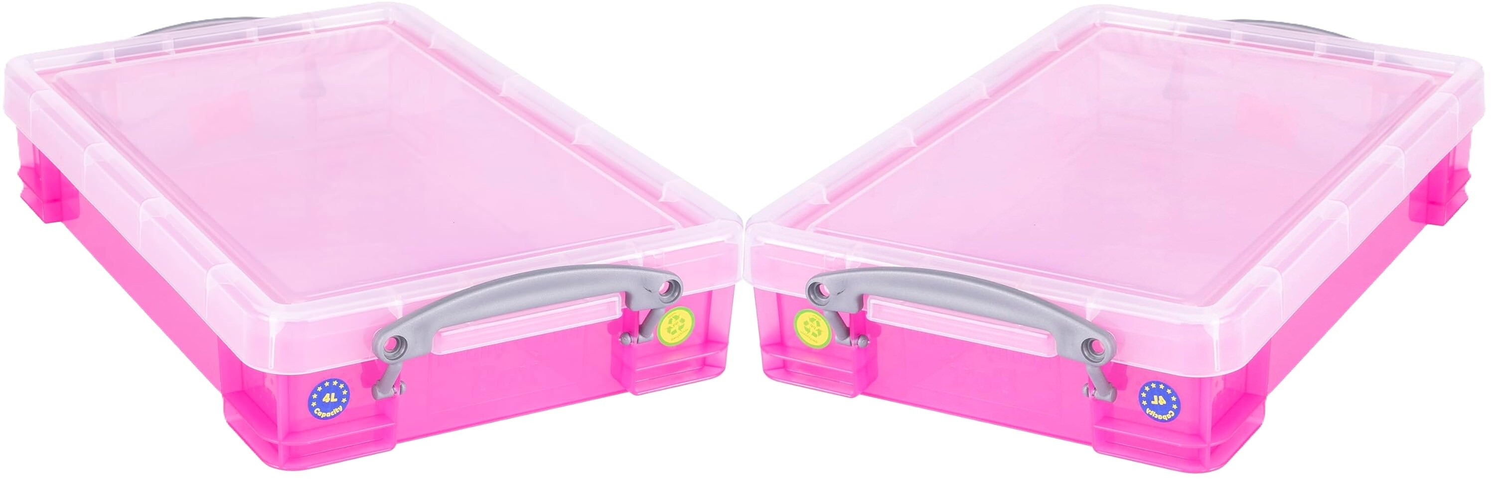 Really Useful Plastic Storage Box 4 Litre Transparent Pink Pack of 2
