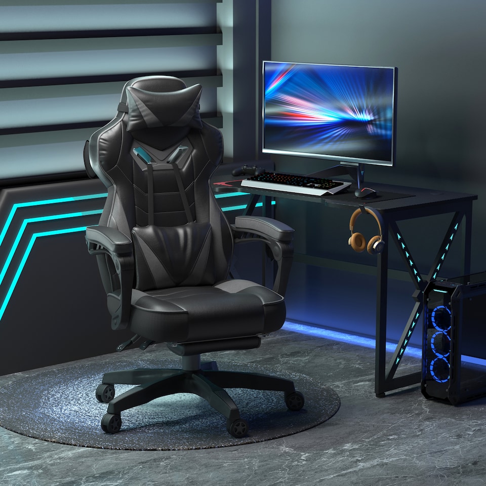 image 1 of Vinsetto Computer Gaming Chair, Racing Desk Chair with Lumbar Support and Footrest, PU Leather Gamer Chair with Headrest and Swivel Wheels for Home, Grey
