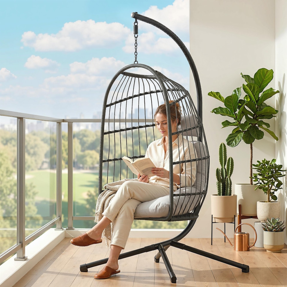 image 1 of Outsunny Hanging Egg Chair, Outdoor Swing Chair with Stand, Dark/Light Grey | Grey | Dark grey basket, light grey cushions | One Size