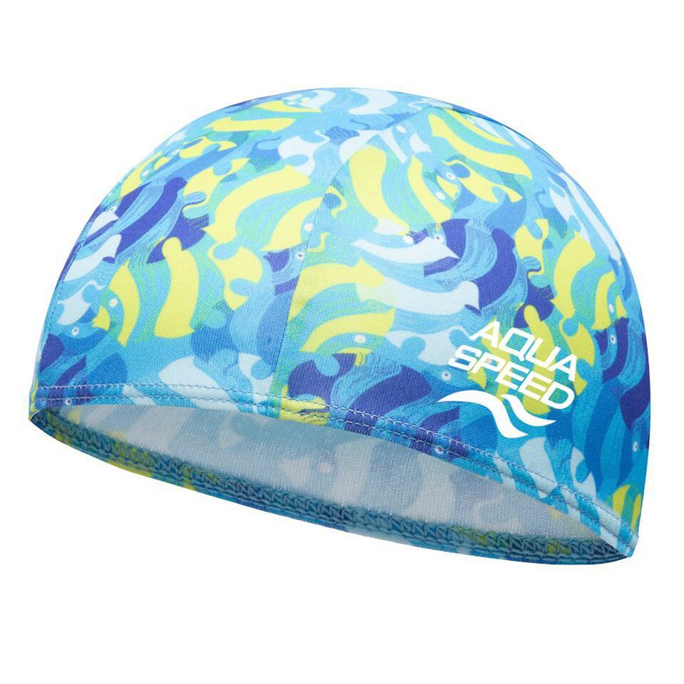 image 1 of Baby Girl & Boy Patterned Fabric Swimming Cap | Flexible Comfortable Toddler Fit | Blue | Blue | One Size | 1