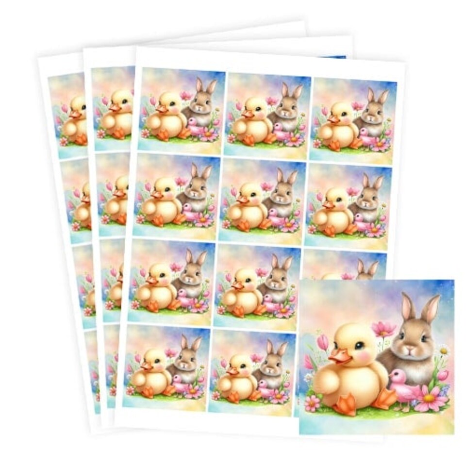 image 1 of Easter Bunny and Chick Square Stickers 65mm - Sheet of 12