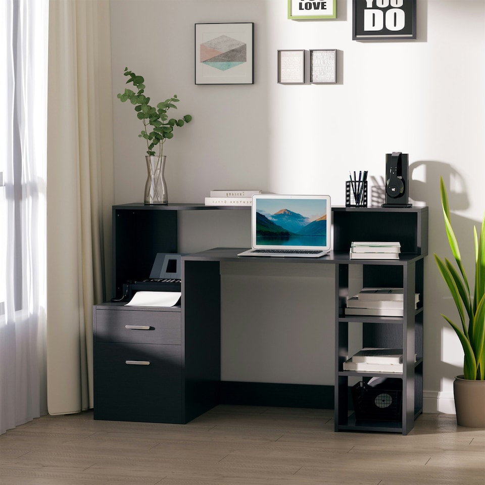 image 1 of HOMCOM Multi-Storage & Workstation Desk Table Storage Shelves Home Office Black