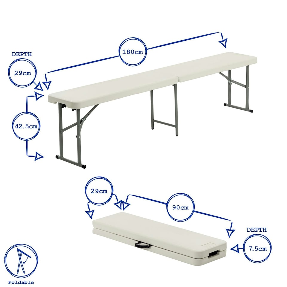 image 1 of Harbour Housewares 4 Person Folding Trestle Bench - 180cm (6ft) - Folding Bench Indoor Bench Outdoor Bench Seat Chair | White | One Size