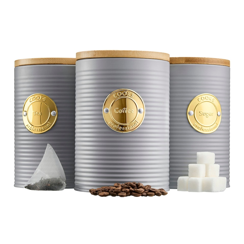 image 1 of Cooks Professional 3 Piece Ribbed Tea, Coffee, & Sugar Cannisters with Bamboo Lids | Stainless Steel Kitchen Storage Bins | Grey & Gold
