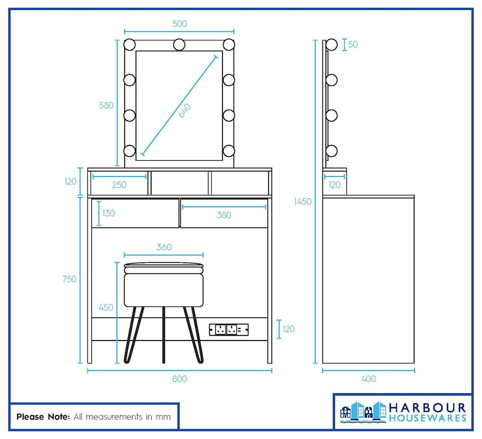 image 1 of Harbour Housewares Wooden Dressing Table Set with LED Lights & Grey Stool - White | White | White/Grey