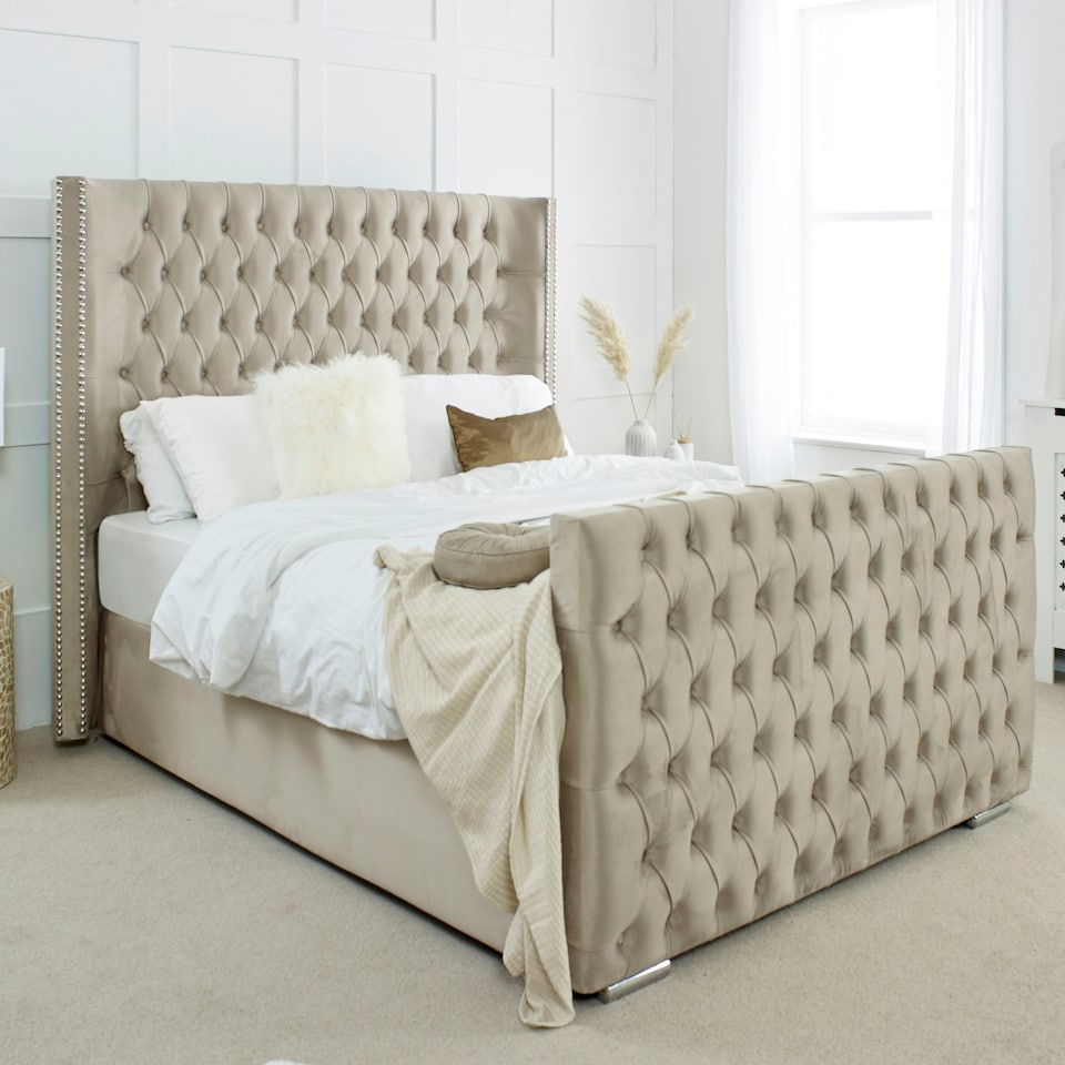 image 1 of Meila Plush Double Bed Frame - Beige