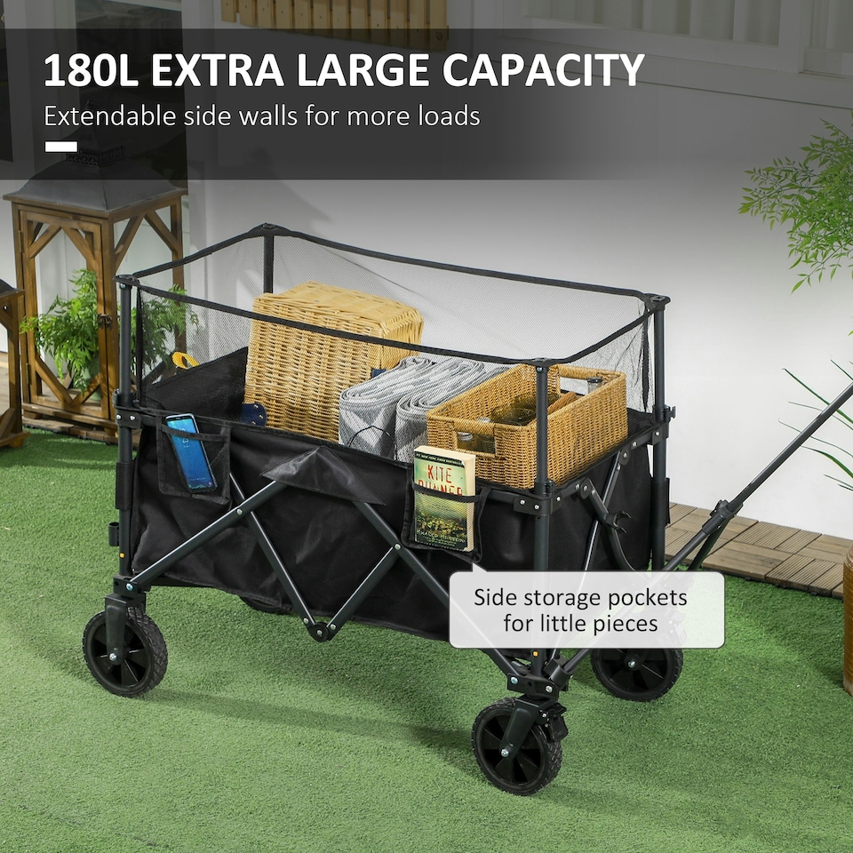 image 1 of Outsunny 180L Folding Garden Trolley Wagon Cart w/ Extendable Side Walls, Black