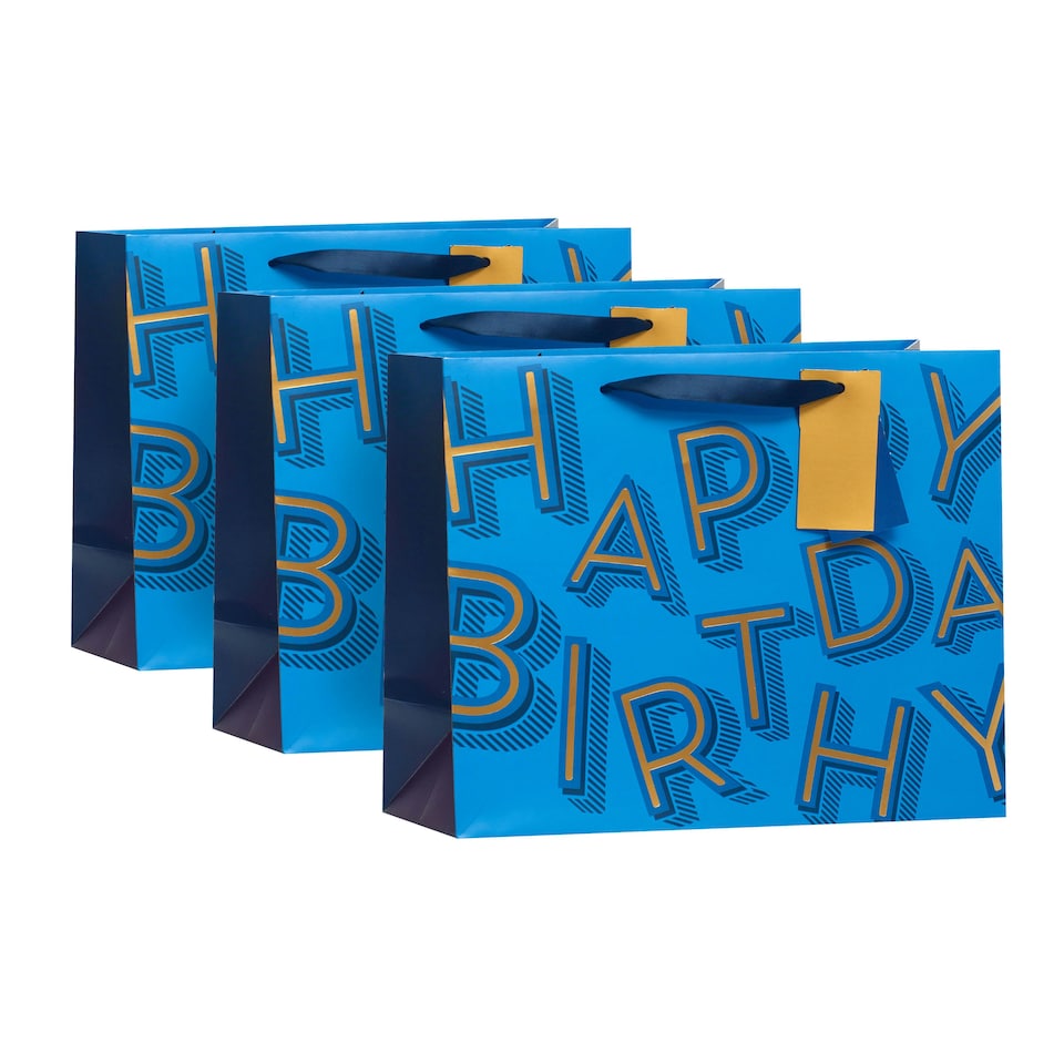 image 1 of Blue Happy Birthday Text Large Gift Bag - Pack of 3