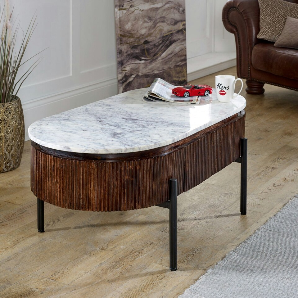 image 1 of Miel Mango Wood Rectangular Fluted Coffee Table With Marble Top and Metal Legs Brown