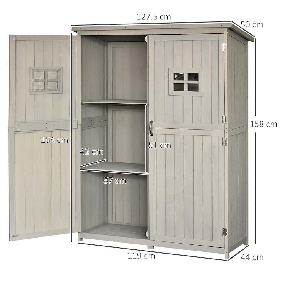 image 1 of Outsunny Wooden Garden Shed with Two Windows, Tool Storage Cabinet, Outdoor Double Door Organizer 127.5L x 50W x 164H cm, Grey