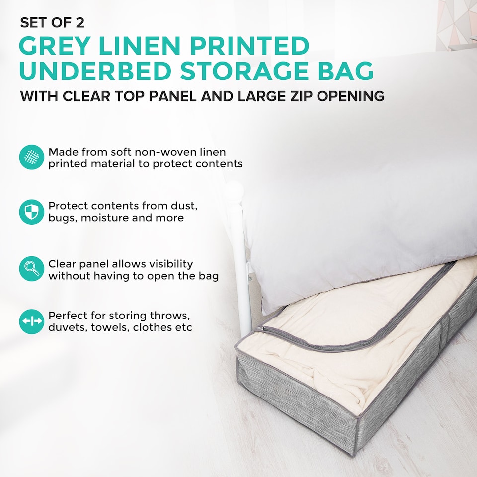 image 1 of Set of 2 Grey Linen Printed Underbed Storage Bag with Viewing Panel