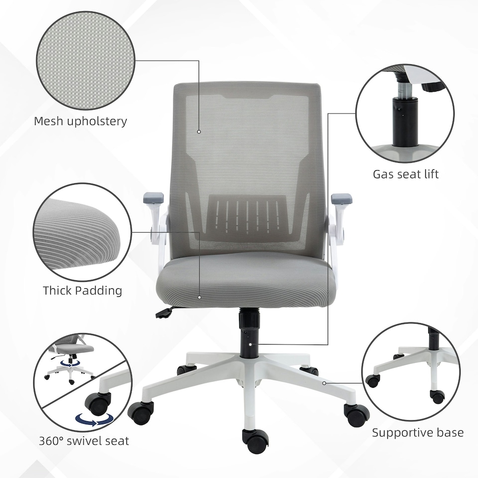 image 1 of Vinsetto Mesh Office Chair with Lumbar Support, Flip-up Arm, Wheels, Grey