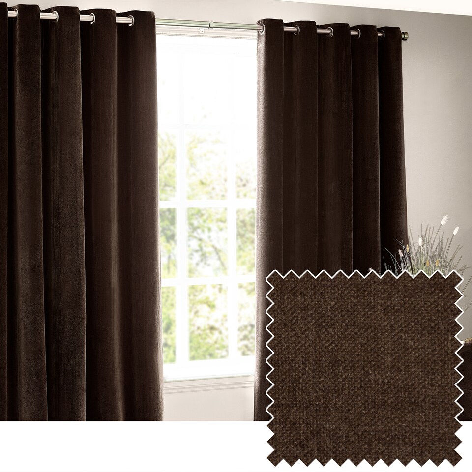 image 1 of Heavy Chenille Blackout Eyelet Curtain Pair | Brown | Brown | 2