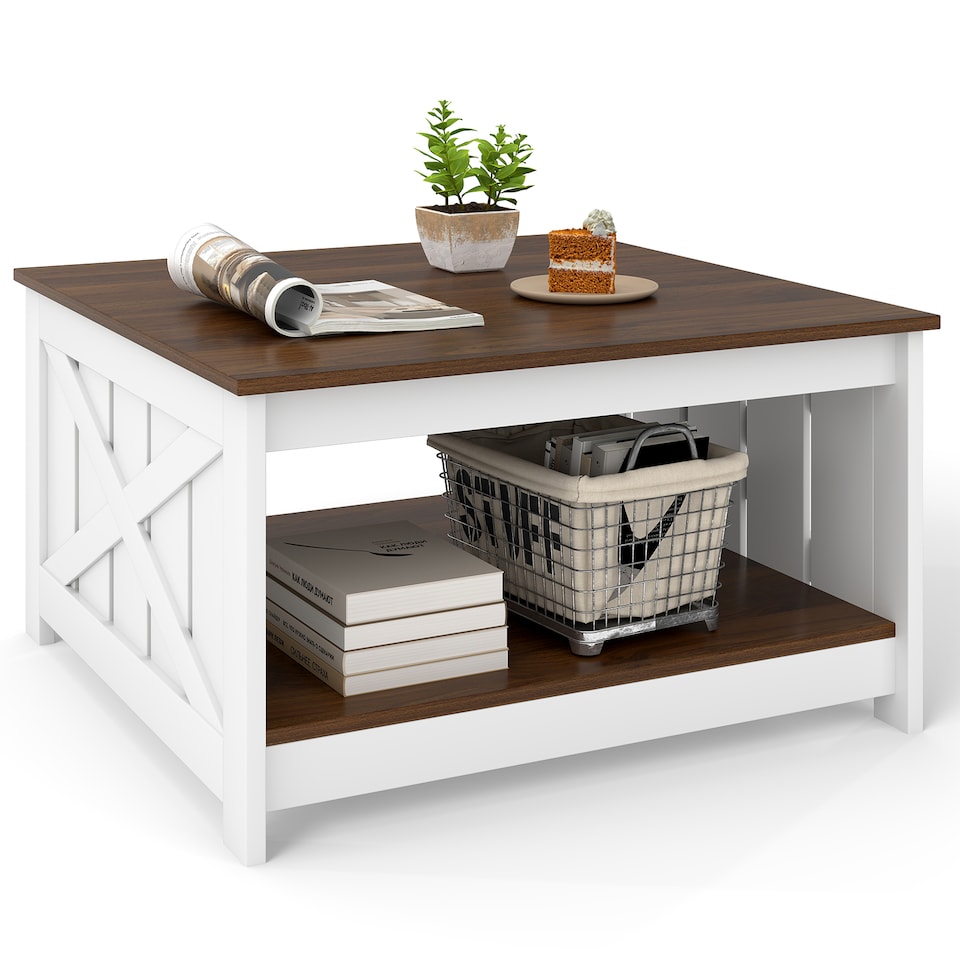 image 1 of COSTWAY Farmhouse Coffee Table Square Coffee Table White
