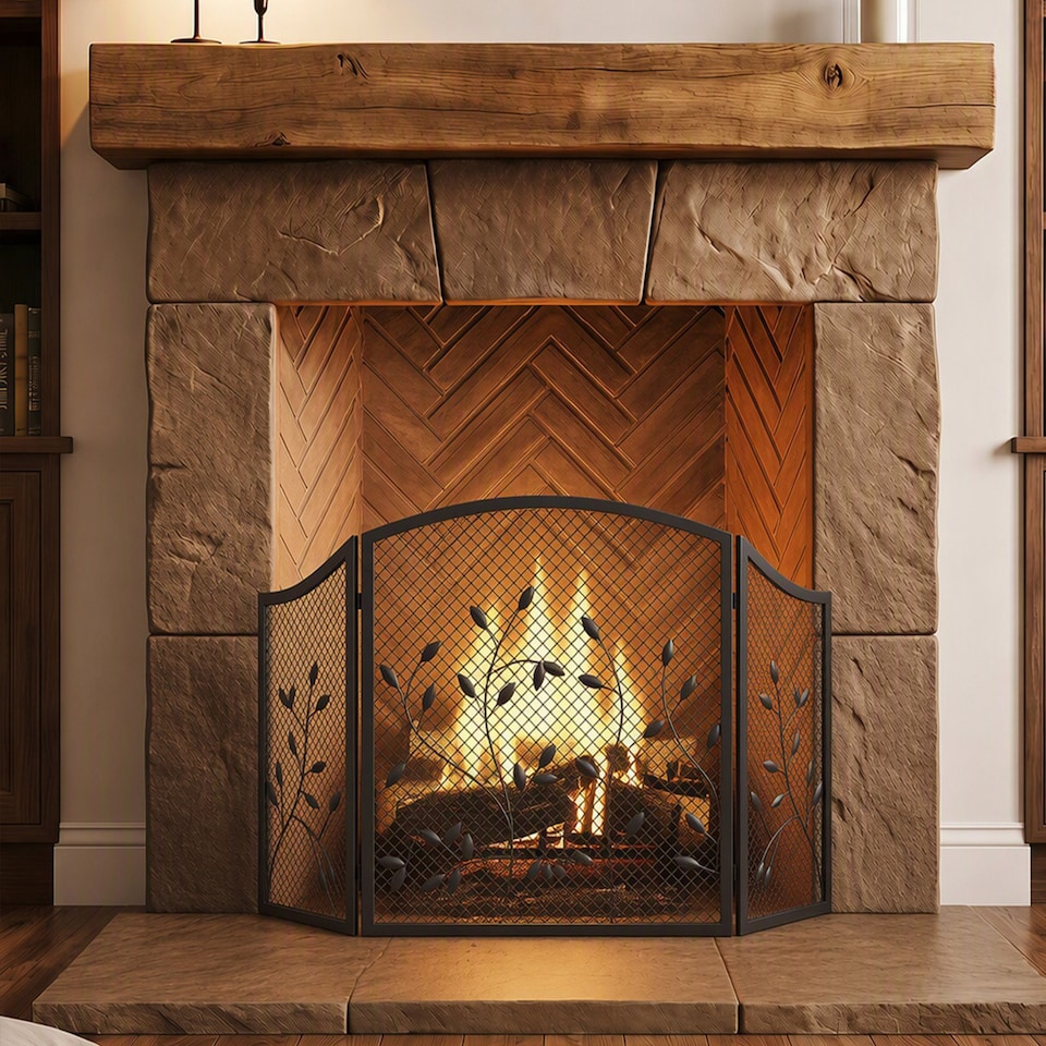 image 1 of HOMCOM 3-Panel Folding Fireplace Screen for Protection, Black
