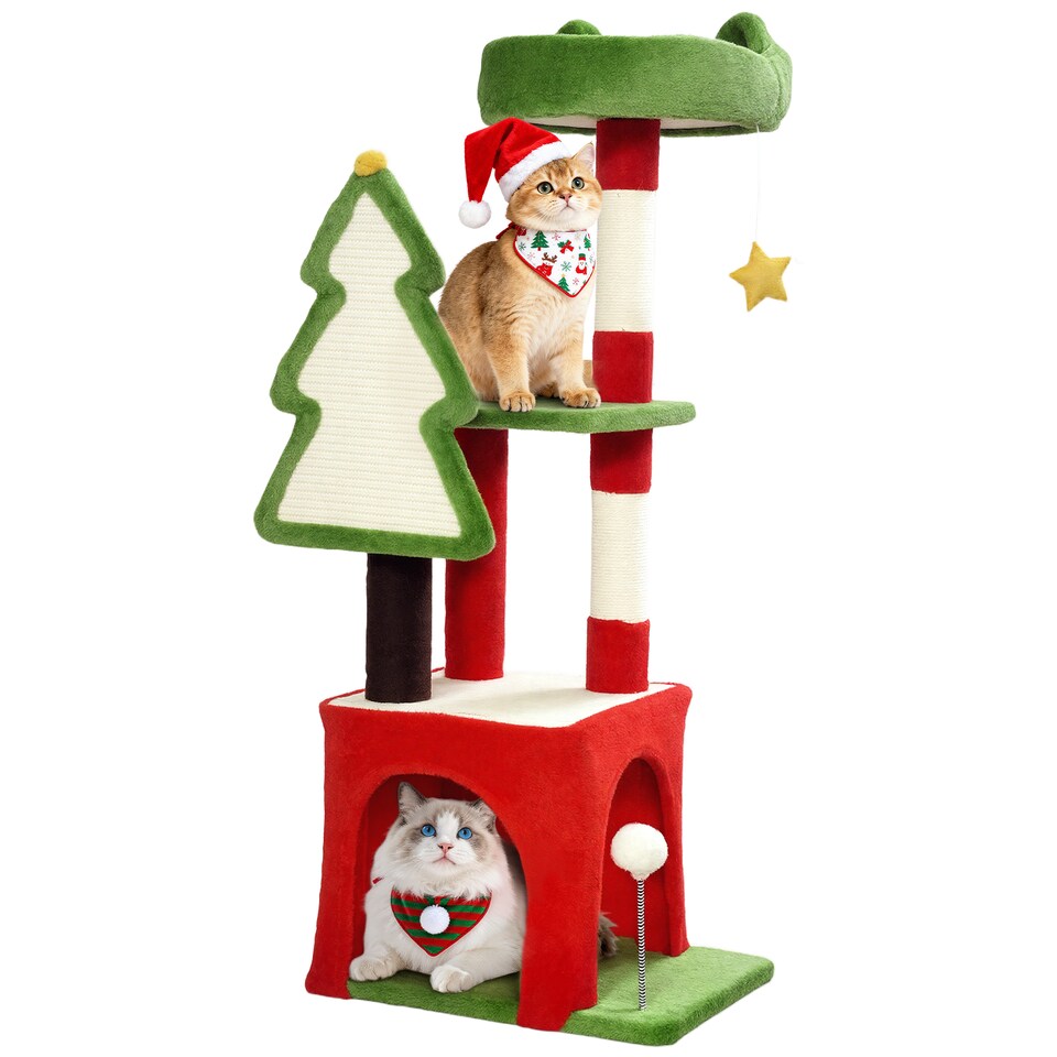 image 1 of PawHut Christmas Cat Tree, 103cm Multilevel Cat Climbing Tower with Scratching Post and Board, Condo, Platform and Toys, Kitty Activity Centre for Indoor Kittens, Green