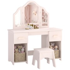 AIYAPLAY Kids Vanity Table and Chair Set with Tri-Folding Mirror for 3+