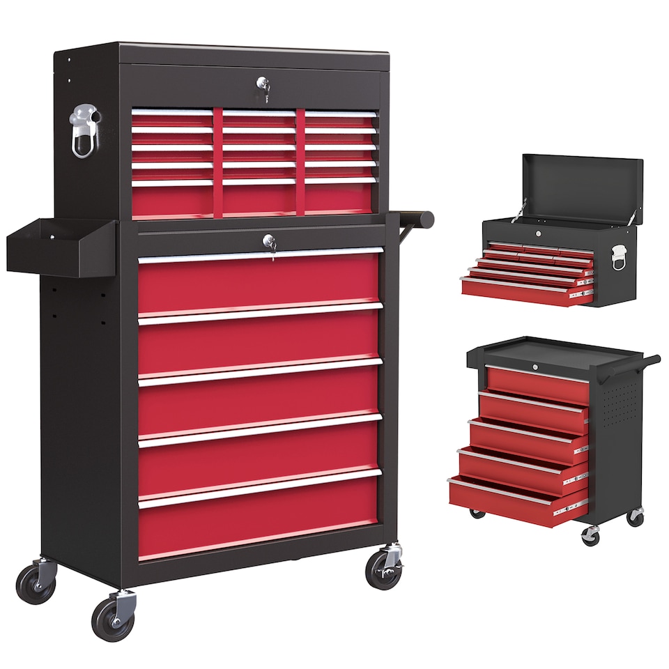 image 1 of HOMCOM 2 in 1 Rolling Tool Cabinet on Wheels with 14 Drawers, Pegboard and Side Rack, Lockable Top Tool Chest and Roller Cabinet Combo for Workshop and Home, Red | Red