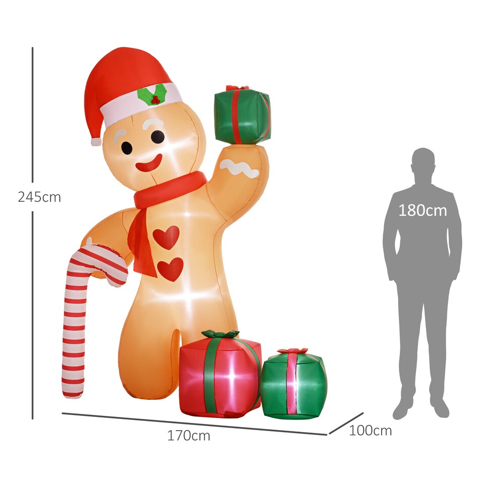 image 1 of Outsunny 8FT Christmas Inflatable Gingerbread Man with Candy Cane and Three Gift Bags, Christmas Blow Up Outdoor LED Display for Garden Party