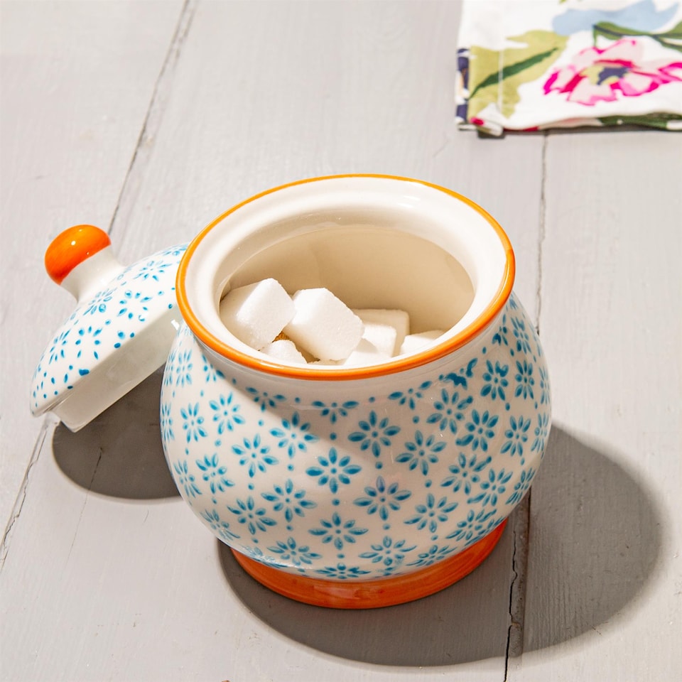image 1 of Nicola Spring Hand-Printed Plant Pot with Saucer - 20.5cm - Orange | Orange | Orange / Blue