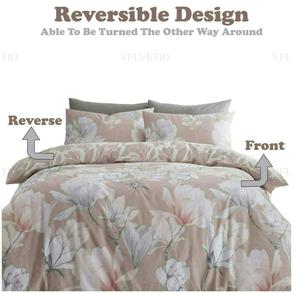 image 1 of VELVETIO Magnolia Dream Printed Duvet Cover Set Reversible Polycotton Easy Care Beddings Pink | Blush Pink | King