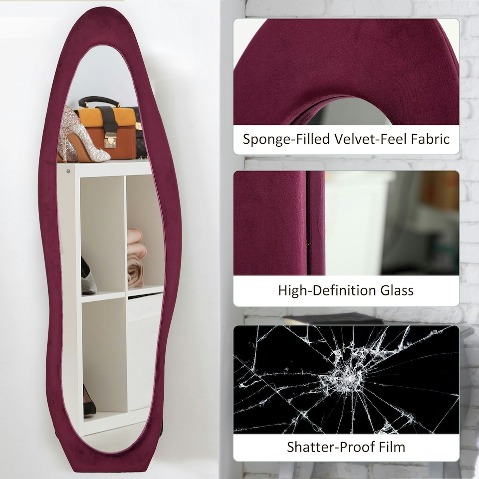image 1 of HOMCOM Irregular Full Length Mirror with Velvet Frame 160 x 50cm Wine Red