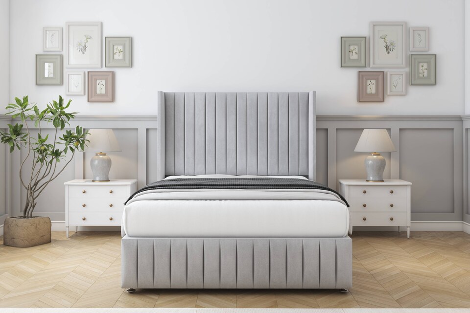 image 1 of Sloomy Marlborough Silver Naples Divan Bed With Mattress 2 Drawers Footend With 54" Wingback Headboard & 12" Matching Footboard 4'6 Double | Silver | Silver | Double | 1