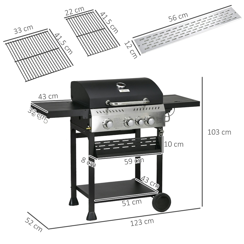image 1 of Outsunny 3+1 Burner Propane Gas Barbecue Grill with Thermometer, Bottle Opener