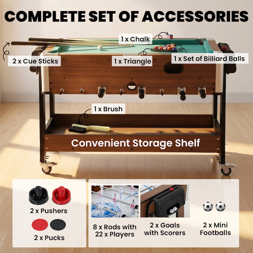 image 1 of SPORTNOW 3 in 1 Reversible Multi Game Table with Lockable Wheels and Shelf