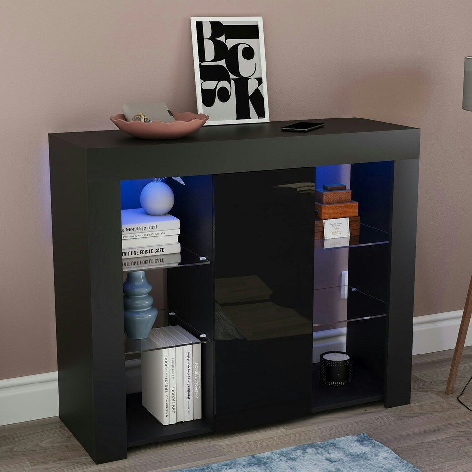image 1 of Vida Designs Azura 1 Door LED Large Sideboard Buffet Cabinet Storage, Black
