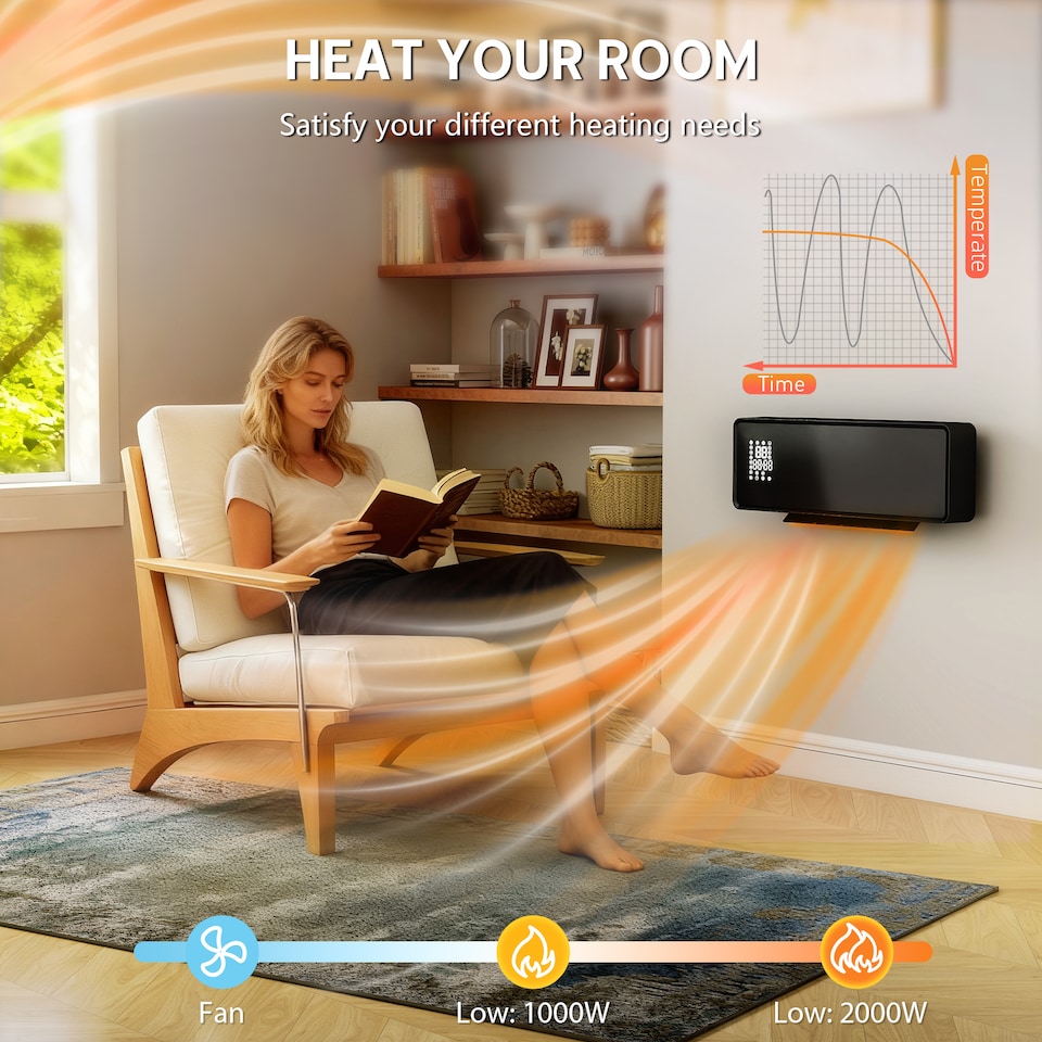 image 1 of HOMCOM 2000W Ceramic Electric Heater with Fan, Wall Mounted, Black | Black
