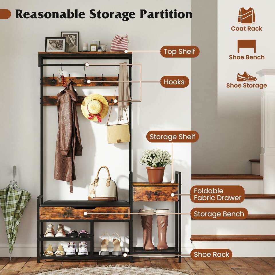 image 1 of COSTWAY Coat Rack Hall Tree with Shoe Storage Bench Brown | One Size