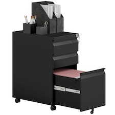 Vinsetto 3-Drawer Filing Cabinet with Lock, Mobile Steel File Cabinet for A4, Under Desk Drawers with Pre-Assembled Body for Home Office | Black | Black