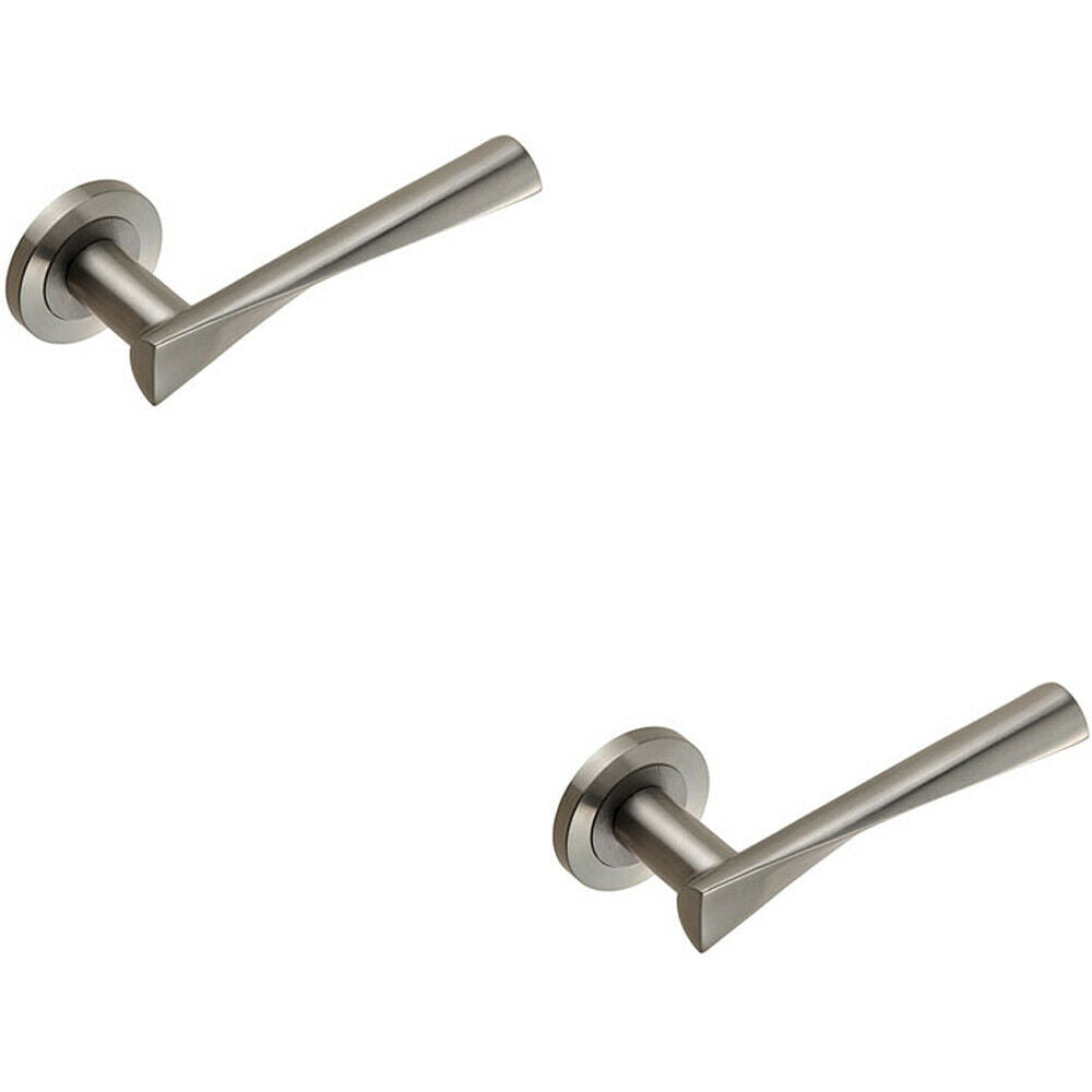 2x PAIR Angular Twisted Lever on Round Rose Concealed Fix Satin Stainless Steel