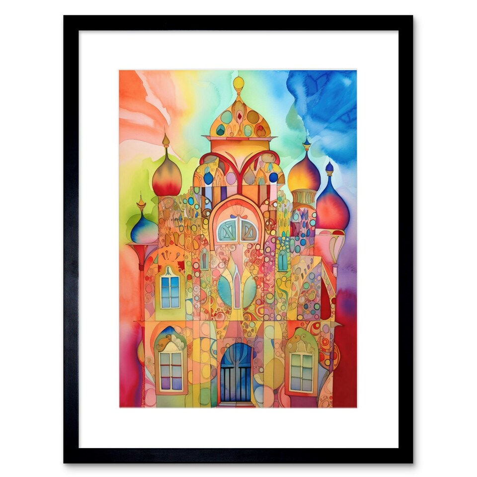 image 1 of Arabesque Building Vibrant Folk Art 9x7" Black Framed Wall Art Print