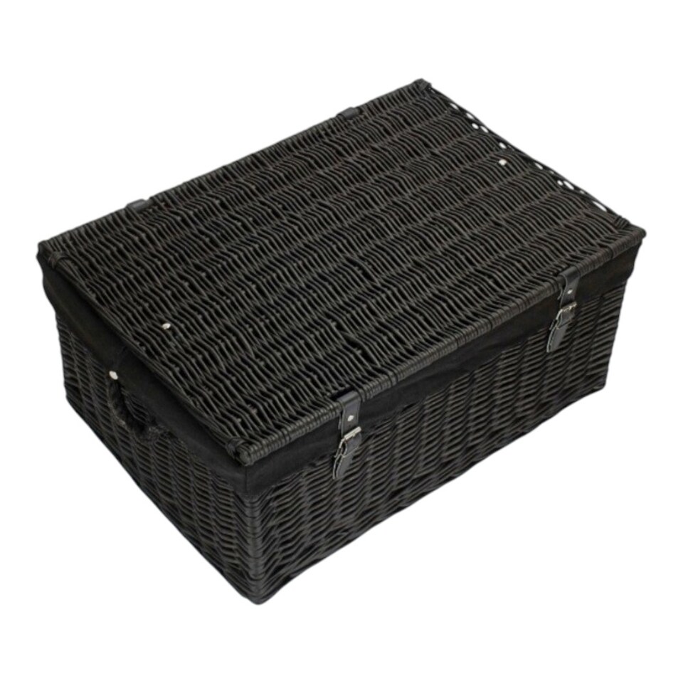 image 1 of 67cm Black Wicker Rope Handled Black Cotton Lined Picnic Basket | Black | Black | One Size