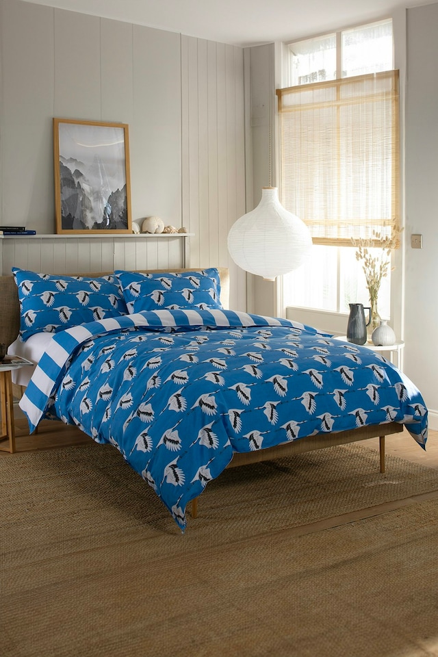 image 1 of 100% Soft Cotton Printed Sedge Piped Duvet Cover Set | Blue | Blue | Single